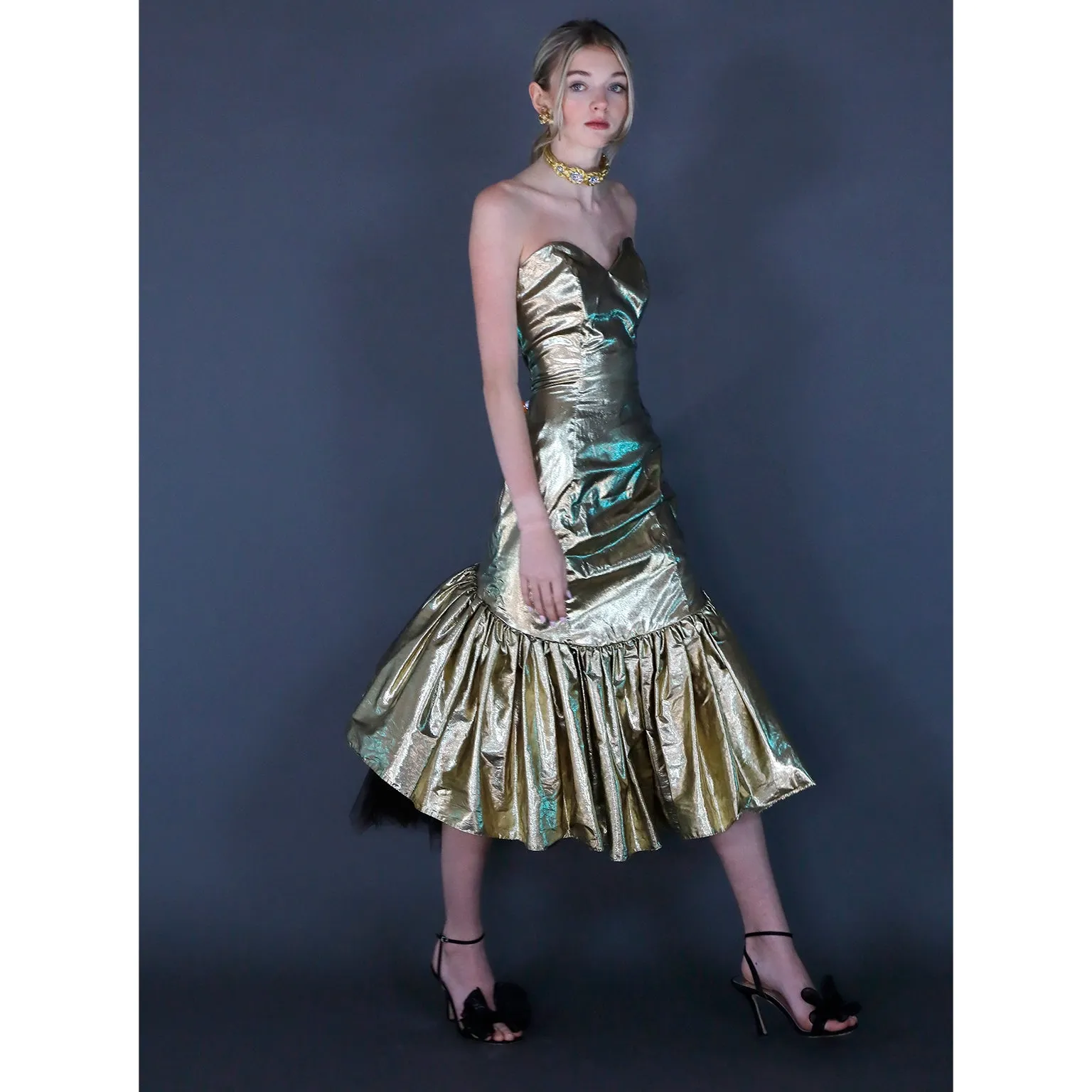 1980s Gold Lame Strapless Ruffled Evening Dress w Tulle