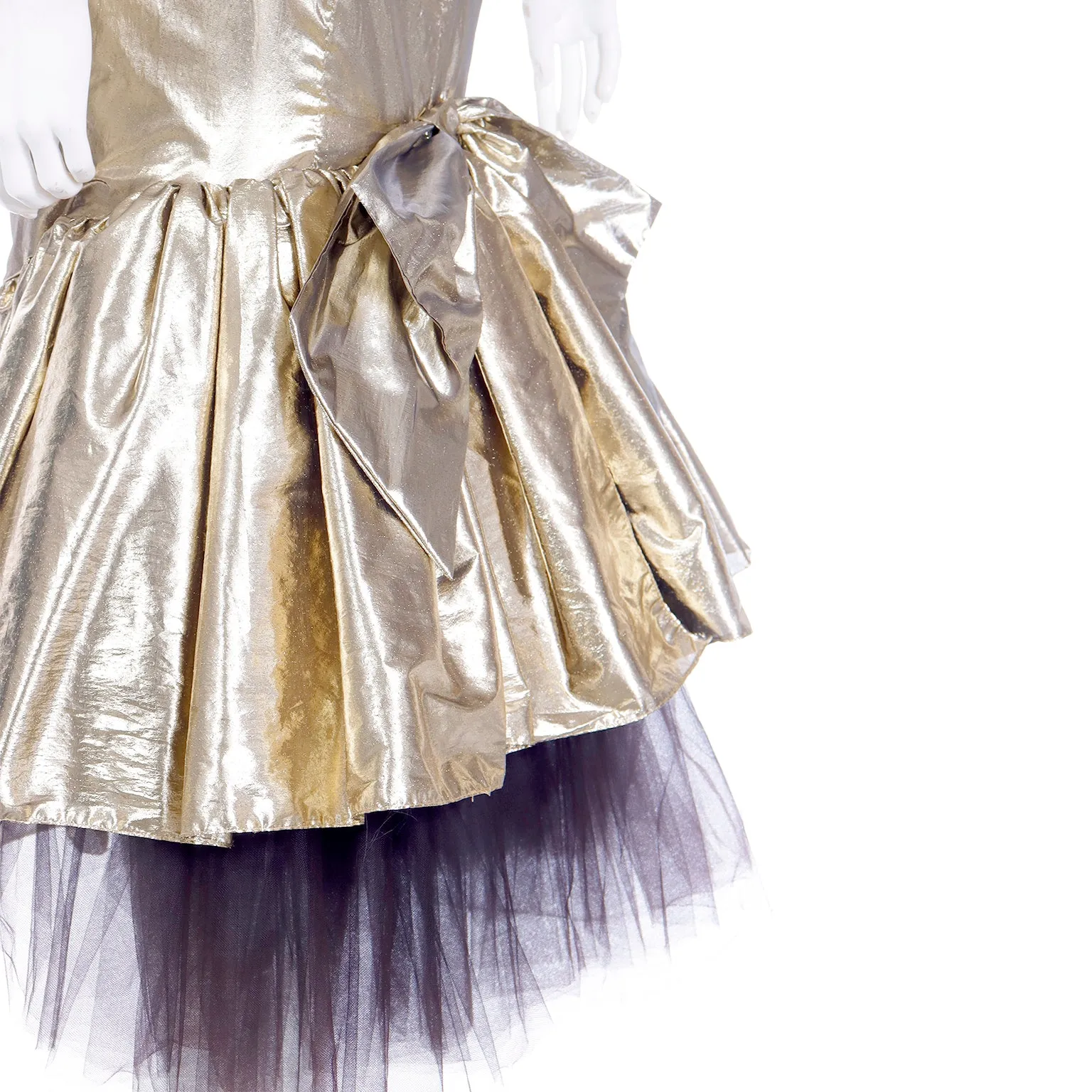 1980s Gold Lame Strapless Ruffled Evening Dress w Tulle