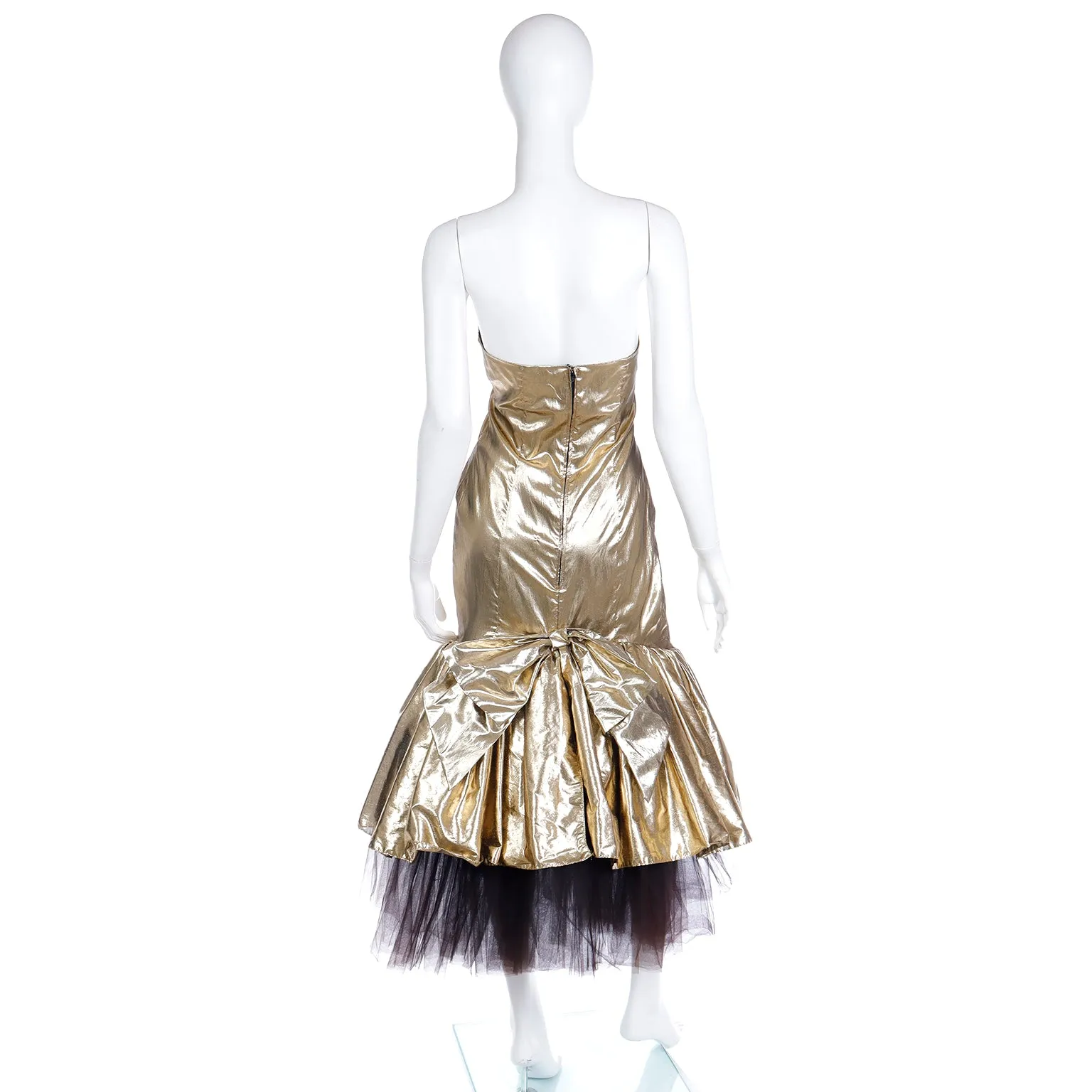 1980s Gold Lame Strapless Ruffled Evening Dress w Tulle