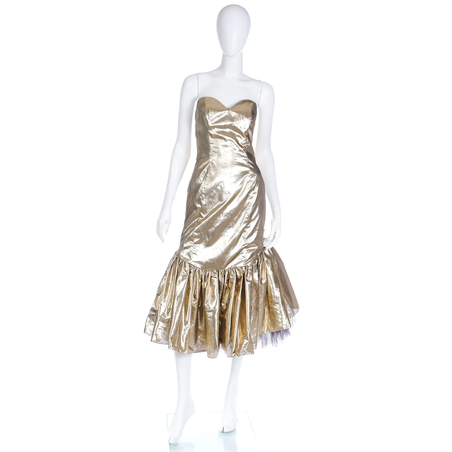 1980s Gold Lame Strapless Ruffled Evening Dress w Tulle