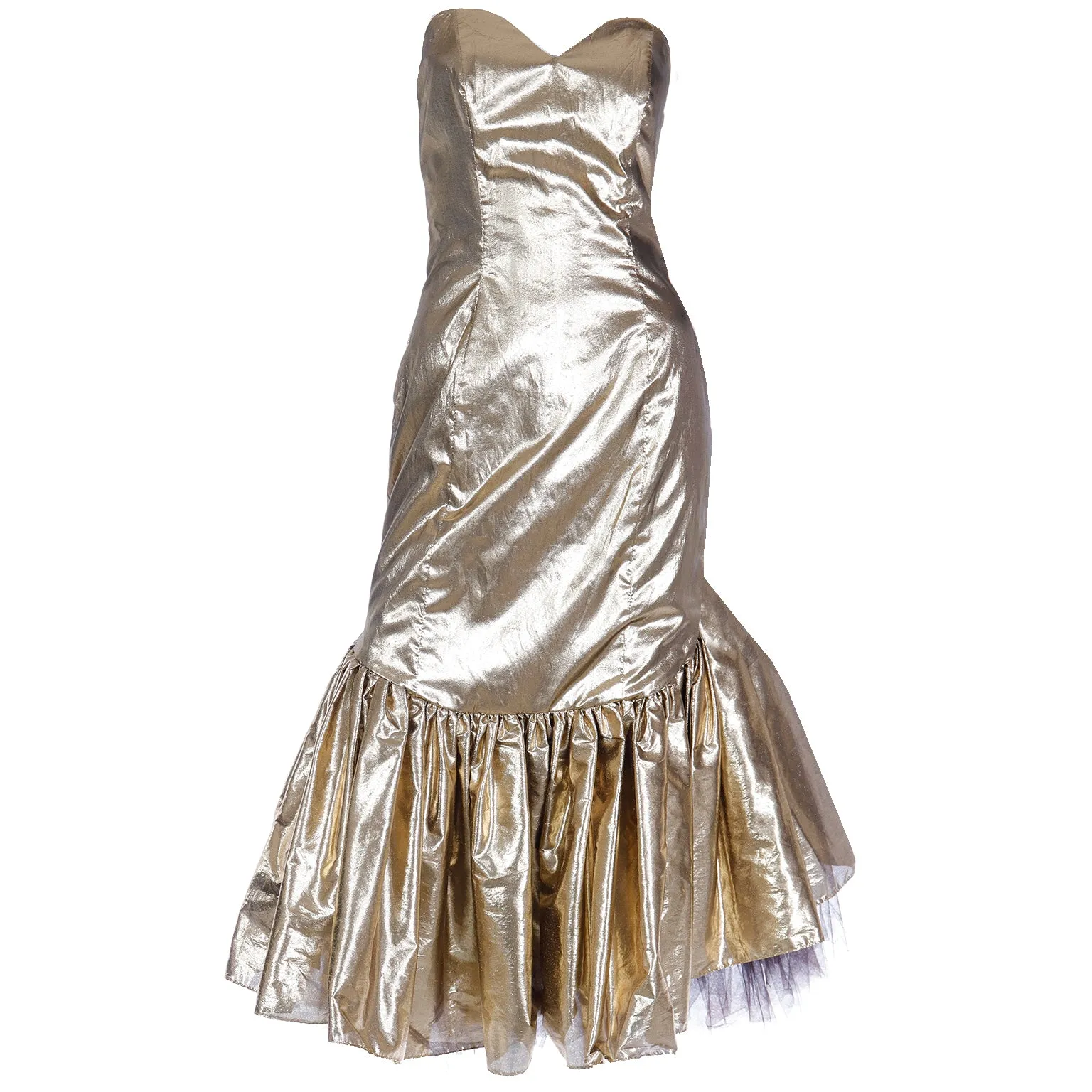 1980s Gold Lame Strapless Ruffled Evening Dress w Tulle