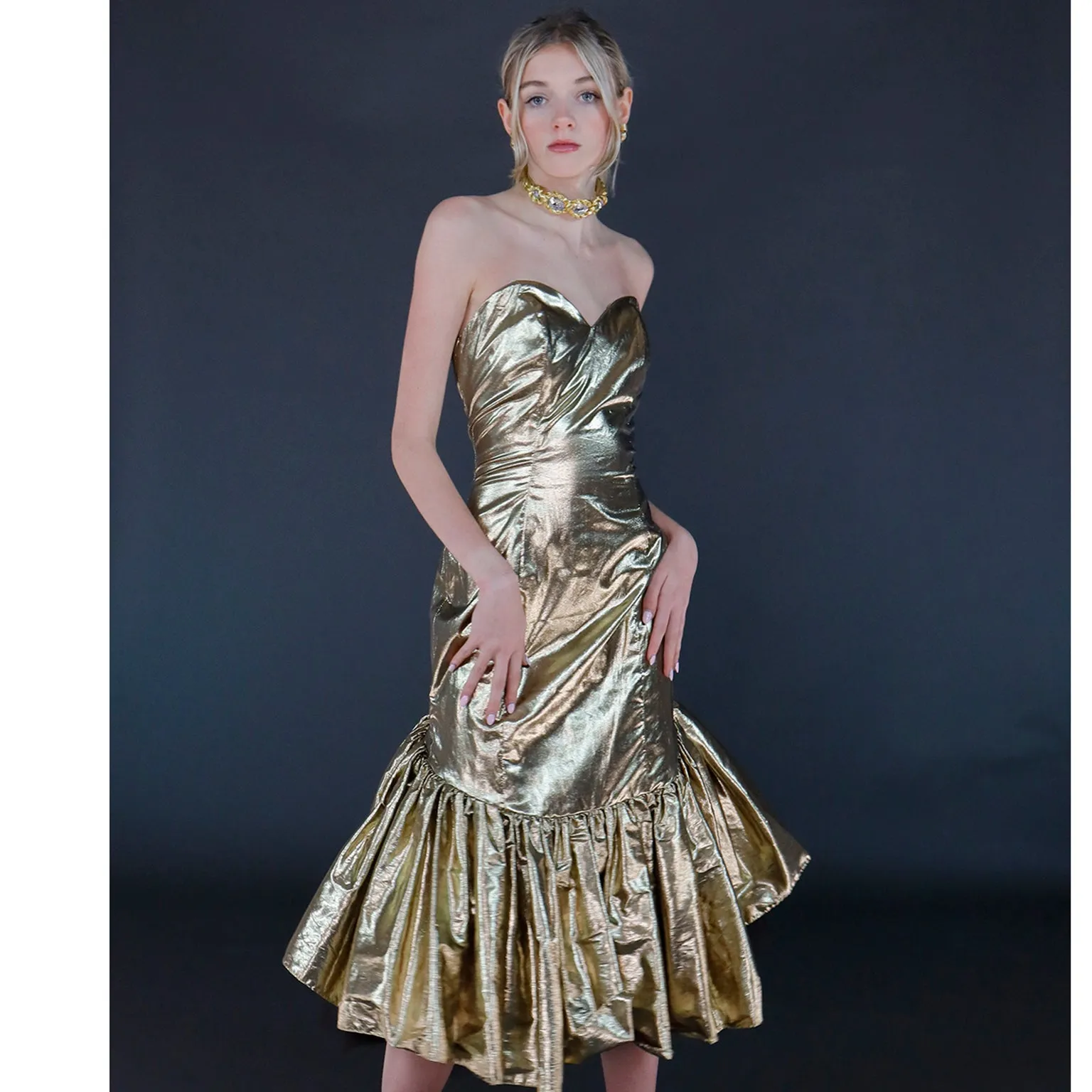 1980s Gold Lame Strapless Ruffled Evening Dress w Tulle