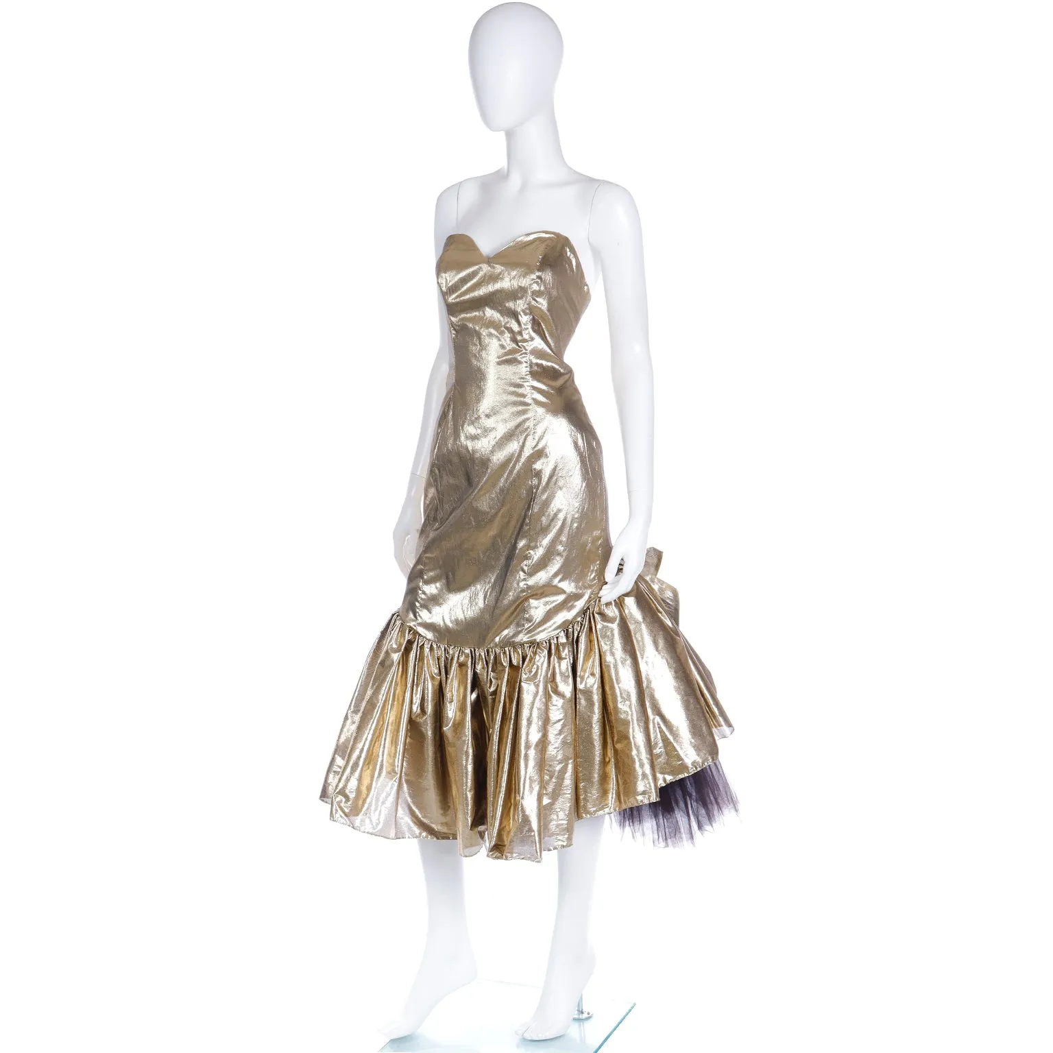 1980s Gold Lame Strapless Ruffled Evening Dress w Tulle
