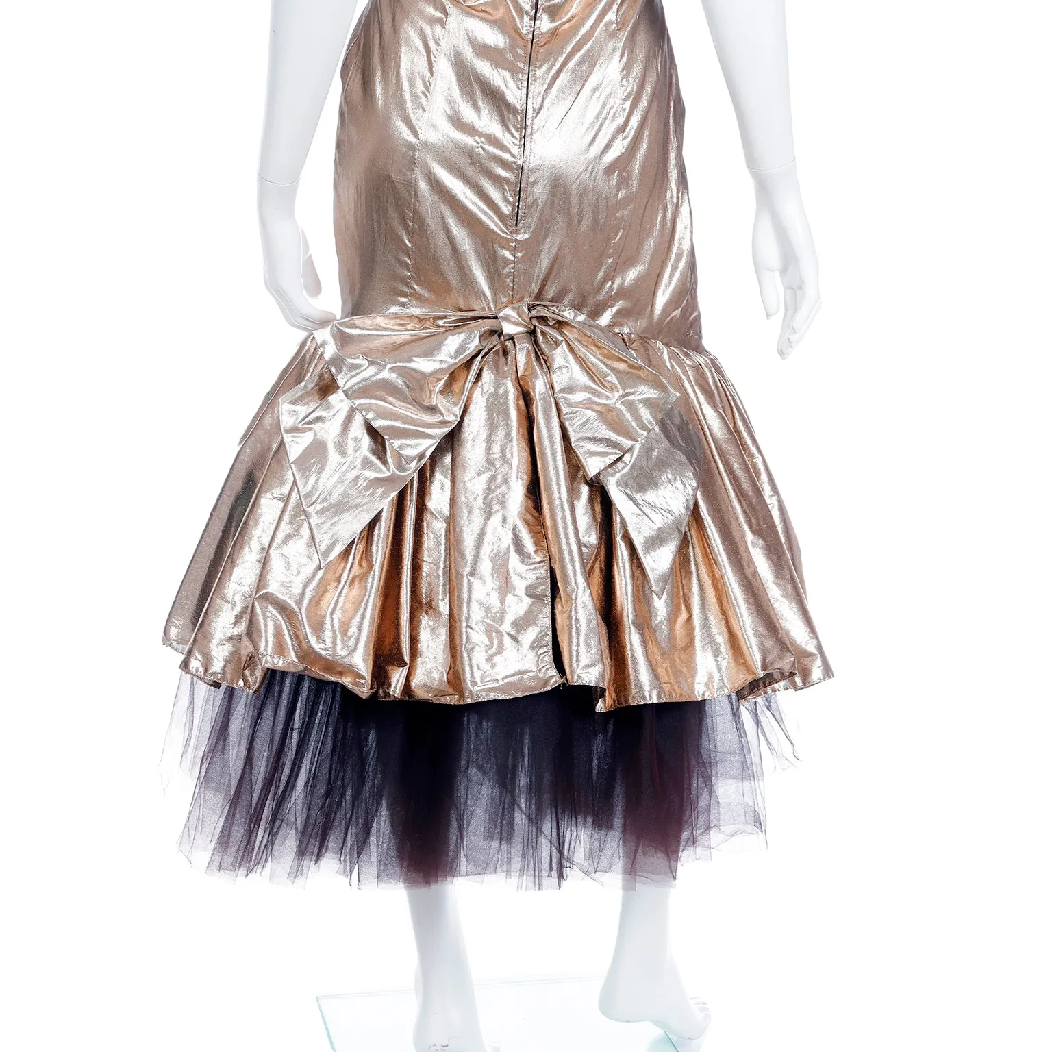 1980s Gold Lame Strapless Ruffled Evening Dress w Tulle