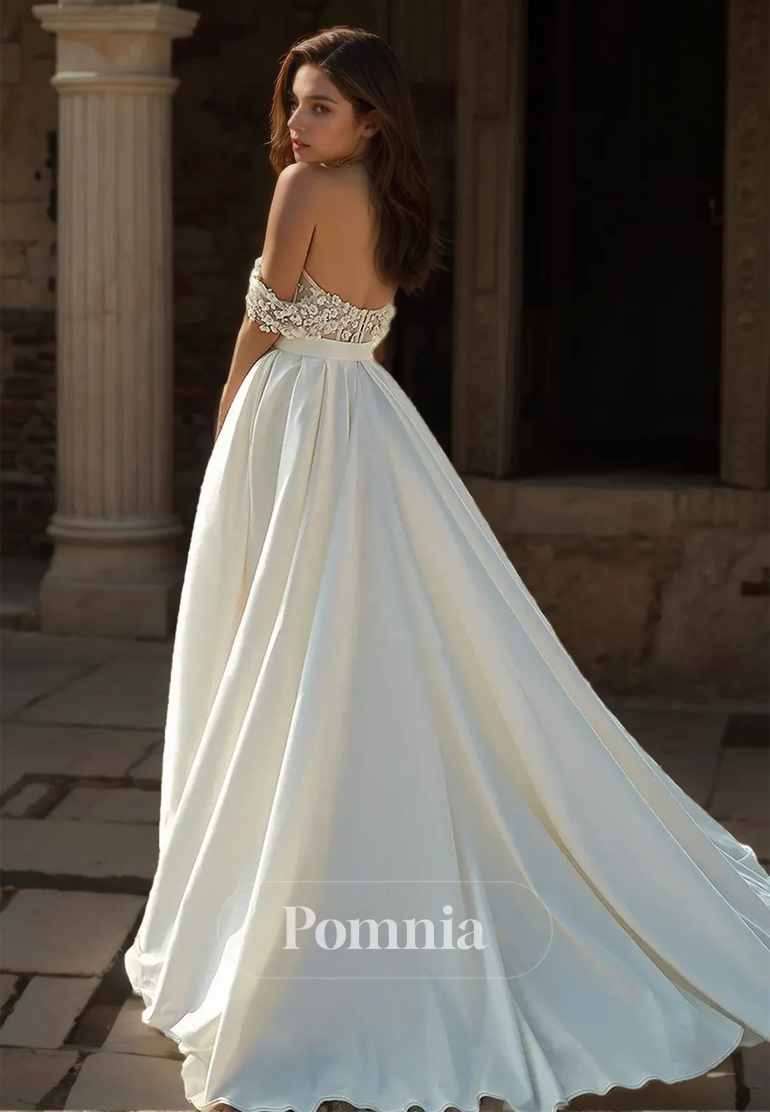 A-Line Off-Shoulder Corset Tulle Floral Appliques Slit Romantic Wedding Dress