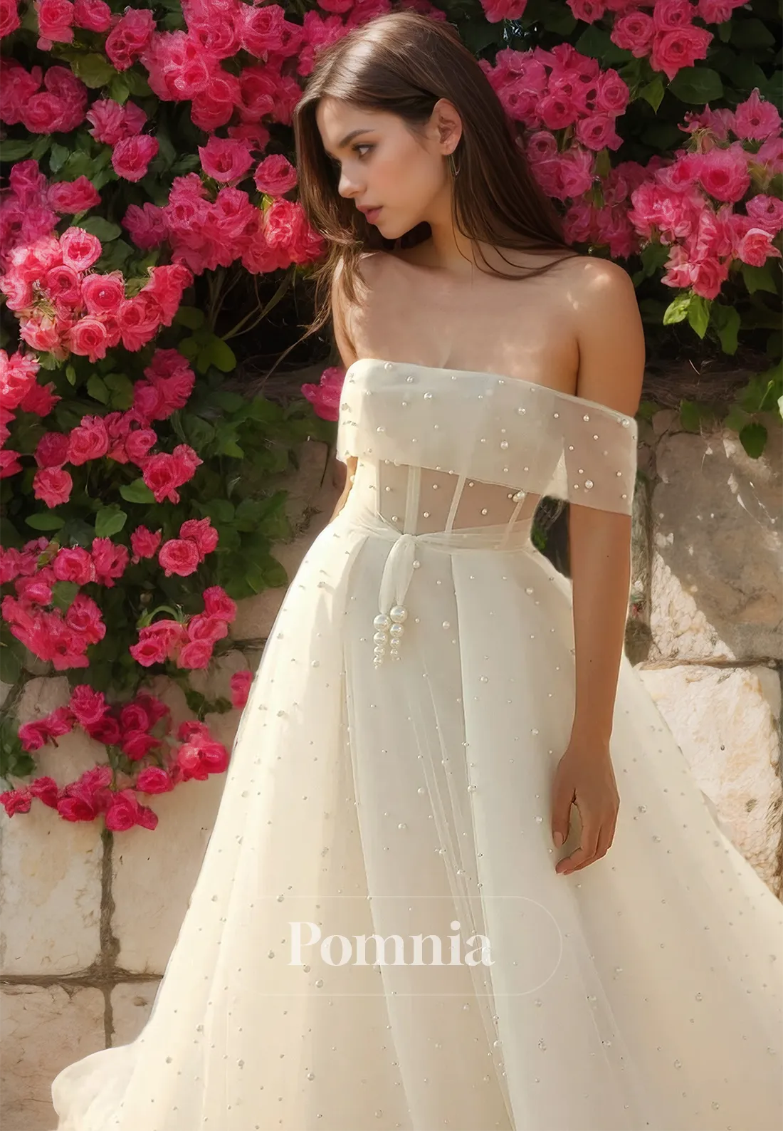 A-Line Off-Shoulder Corset Tulle Sequins Backless Romantic Wedding Dress