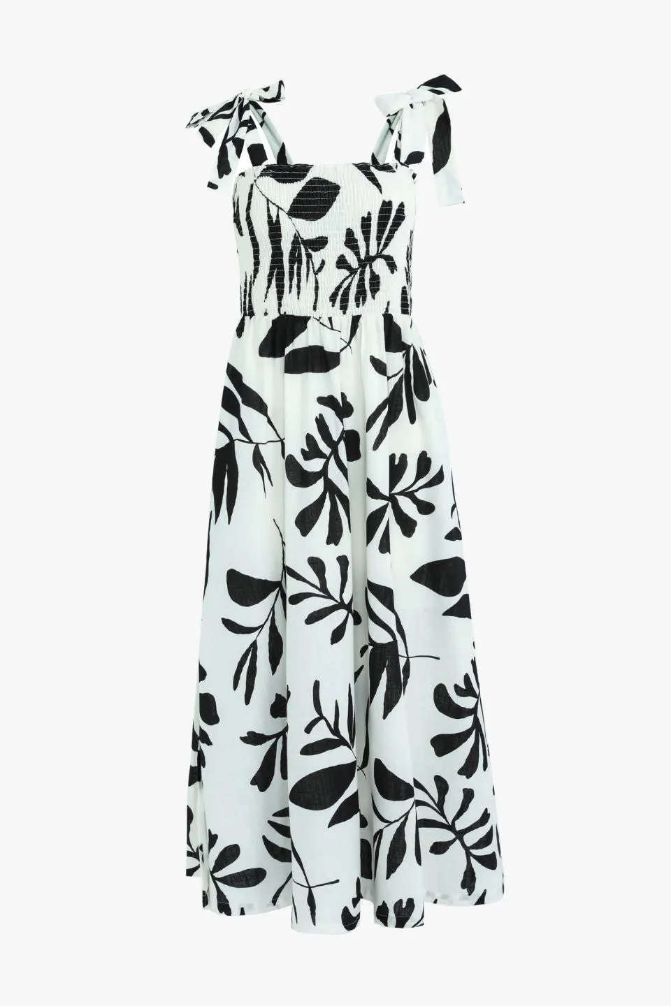 Capricorn Ivory Leaf Print Tie Strap Shirred Midi Dress