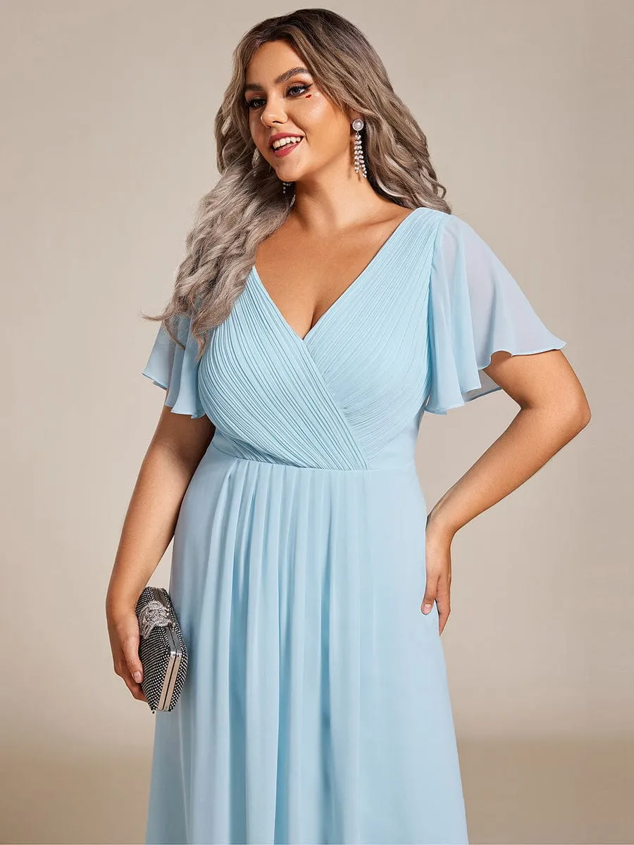 Custom Size Chic V Neck Asymmetrical Hem Ruffles Sleeve Pleated Chiffon Wedding Guest Dress