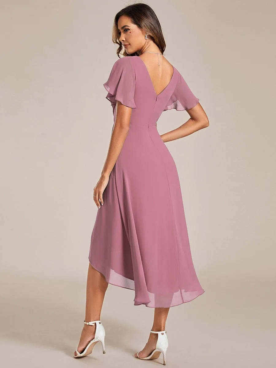 Custom Size Chic V Neck Asymmetrical Hem Ruffles Sleeve Pleated Chiffon Wedding Guest Dress