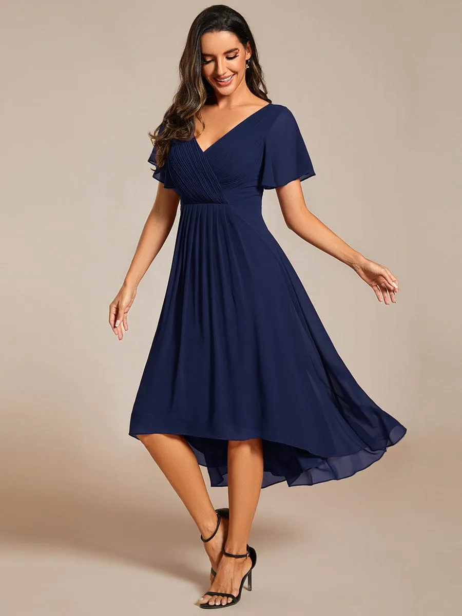 Custom Size Chic V Neck Asymmetrical Hem Ruffles Sleeve Pleated Chiffon Wedding Guest Dress