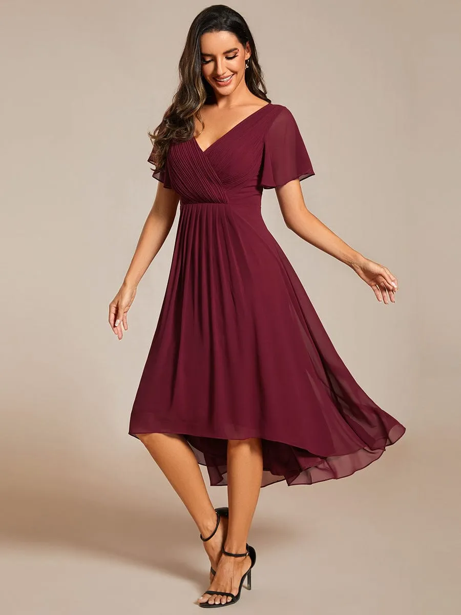 Custom Size Chic V Neck Asymmetrical Hem Ruffles Sleeve Pleated Chiffon Wedding Guest Dress