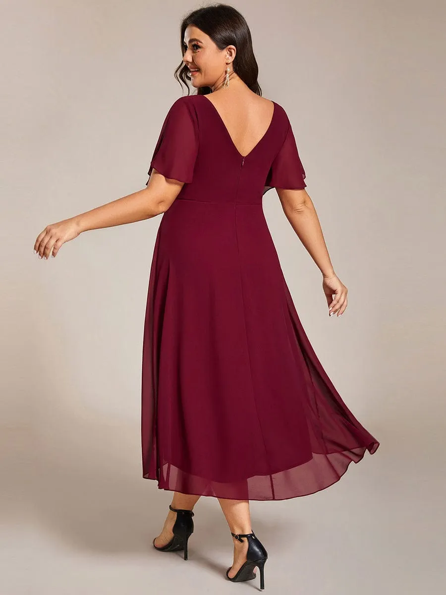 Custom Size Chic V Neck Asymmetrical Hem Ruffles Sleeve Pleated Chiffon Wedding Guest Dress