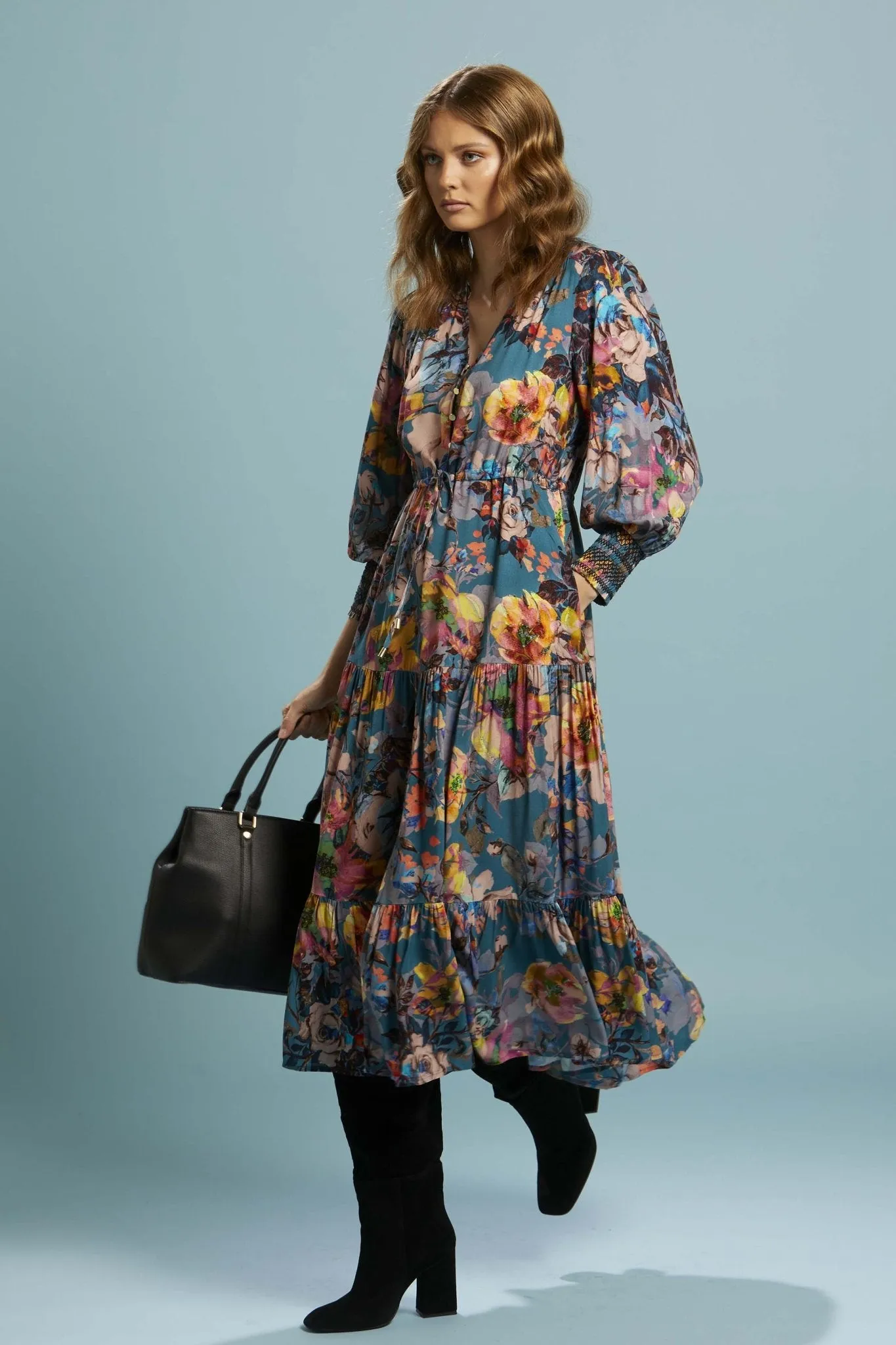 Fate   Becker Pure Shores Tiered Midi Dress in Teal Bouquet