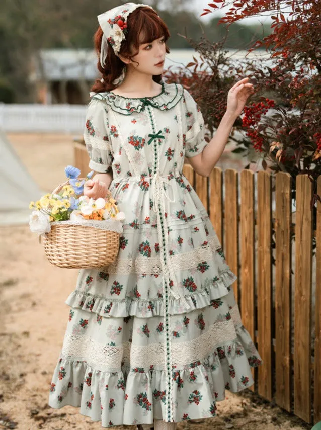 Flower Little Flower Retro Dress   Green Bandana Lolita