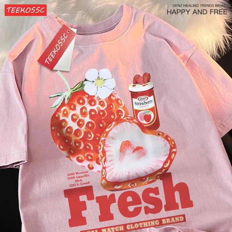 Frischer Erdbeer-Print T-Shirt für E-Gir