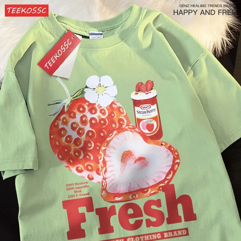 Frischer Erdbeer-Print T-Shirt für E-Gir