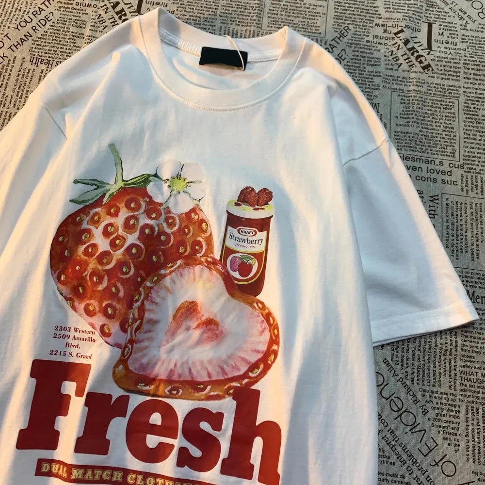 Frischer Erdbeer-Print T-Shirt für E-Gir