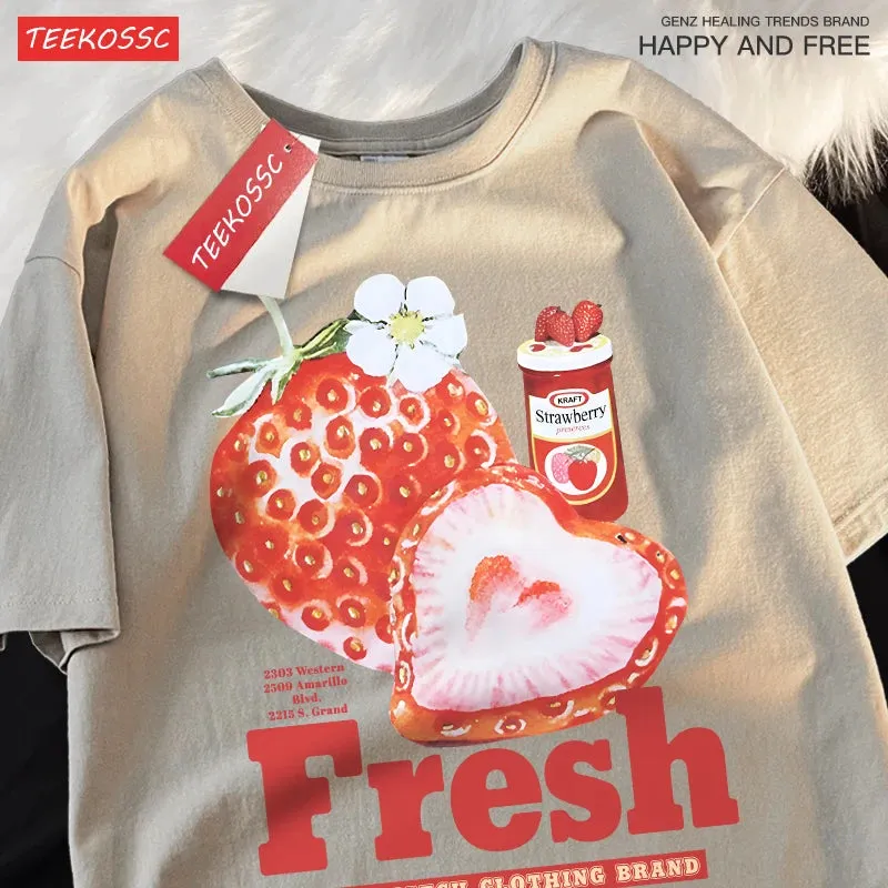 Frischer Erdbeer-Print T-Shirt für E-Gir