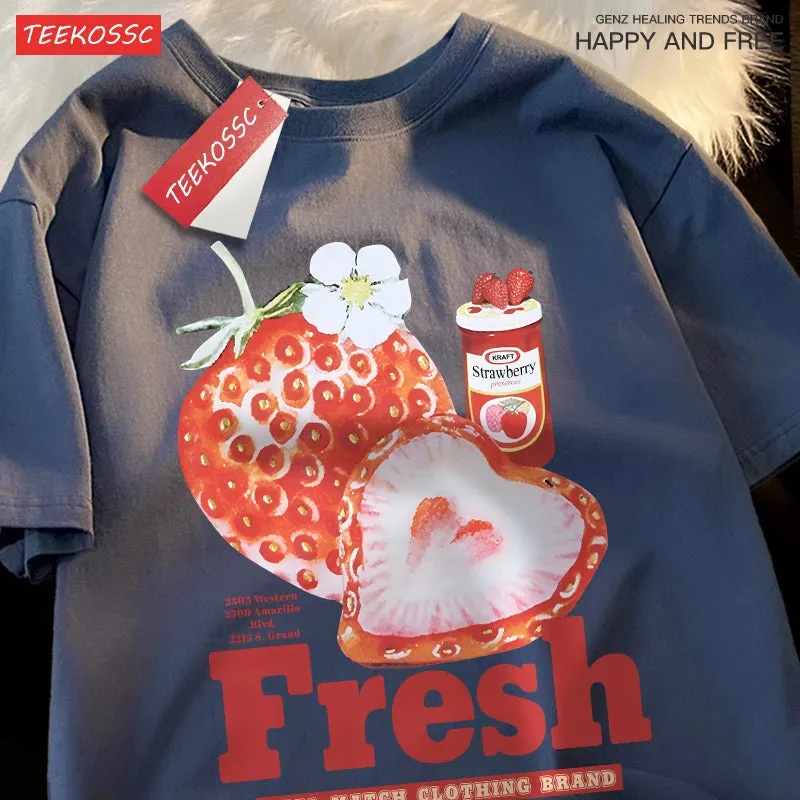 Frischer Erdbeer-Print T-Shirt für E-Gir