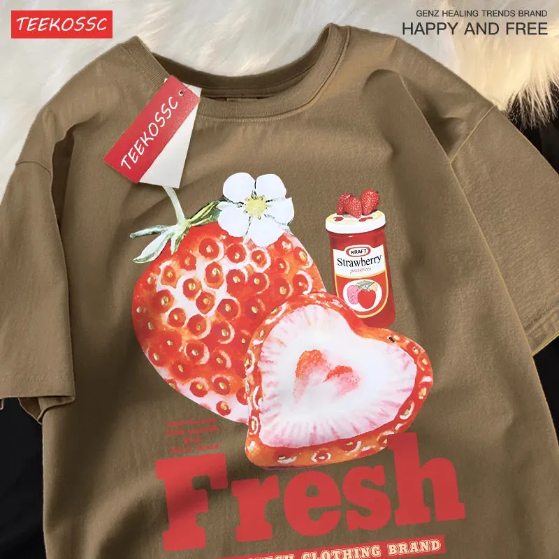 Frischer Erdbeer-Print T-Shirt für E-Gir