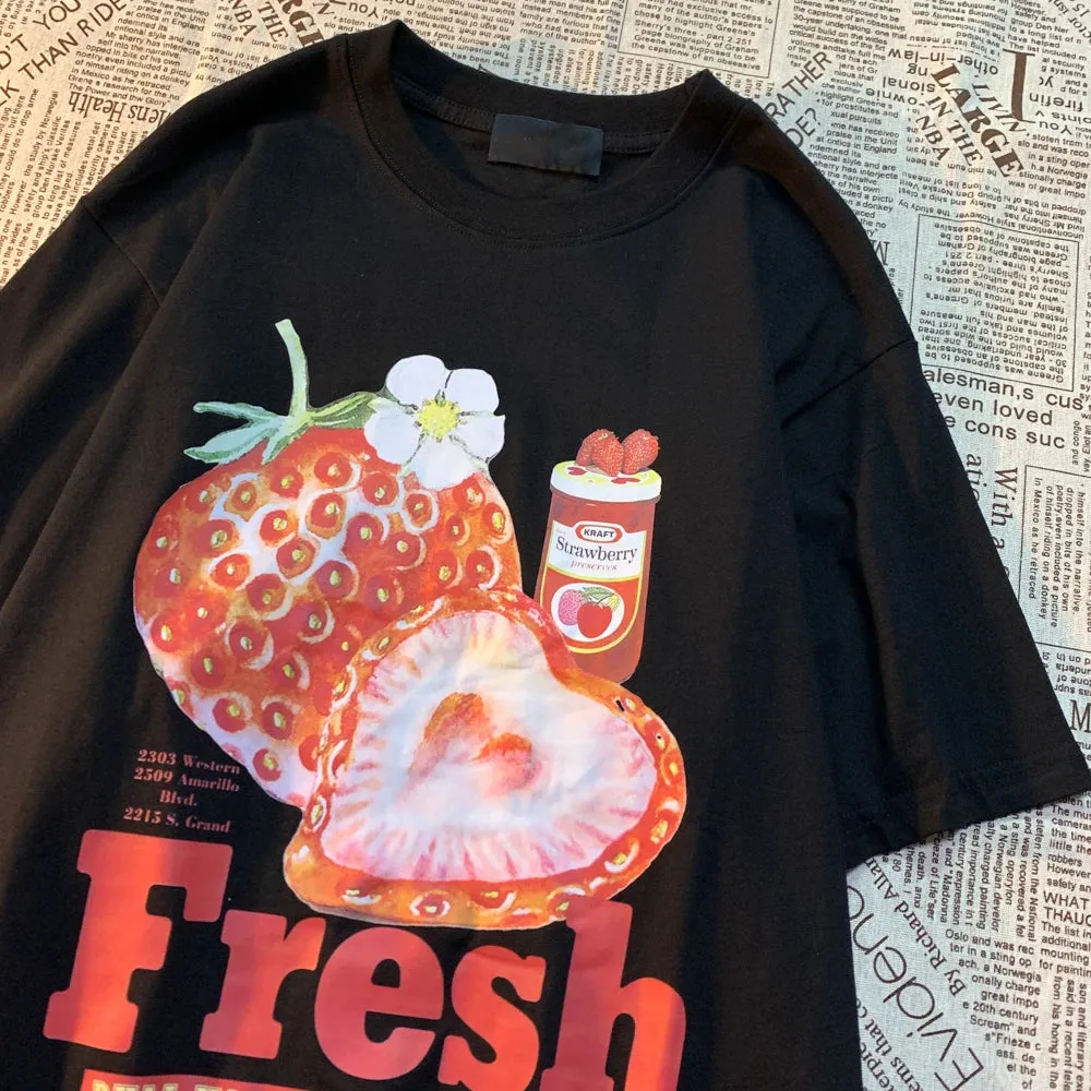 Frischer Erdbeer-Print T-Shirt für E-Gir