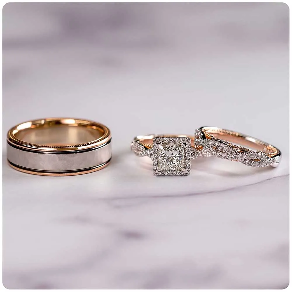 Huitan Gorgeous Women/Men Wedding Set Rings Mosaic AAA CZ Two Tone Romantic Female Engagement Rings Fashion Jewelry Top Quality