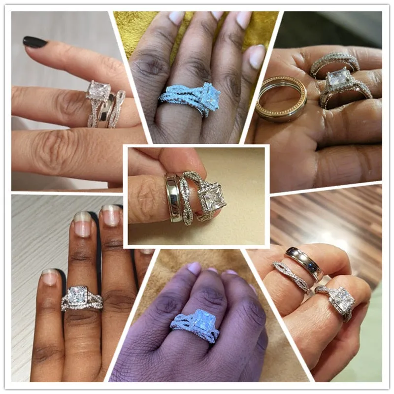 Huitan Gorgeous Women/Men Wedding Set Rings Mosaic AAA CZ Two Tone Romantic Female Engagement Rings Fashion Jewelry Top Quality