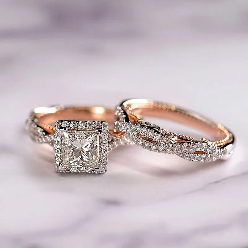 Huitan Gorgeous Women/Men Wedding Set Rings Mosaic AAA CZ Two Tone Romantic Female Engagement Rings Fashion Jewelry Top Quality