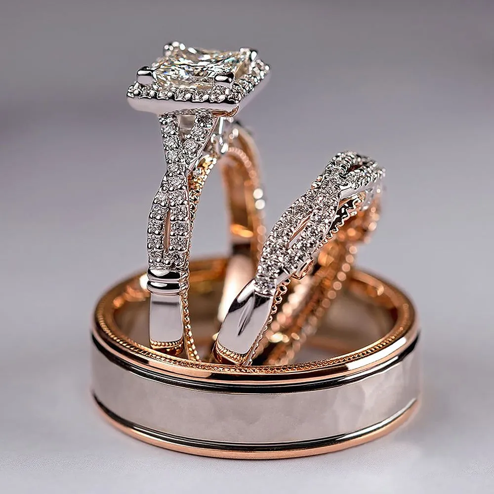 Huitan Gorgeous Women/Men Wedding Set Rings Mosaic AAA CZ Two Tone Romantic Female Engagement Rings Fashion Jewelry Top Quality