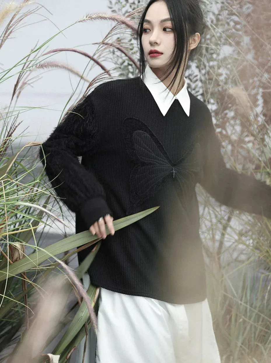 Knit Dark Butterfly Spliced Romantic Loose