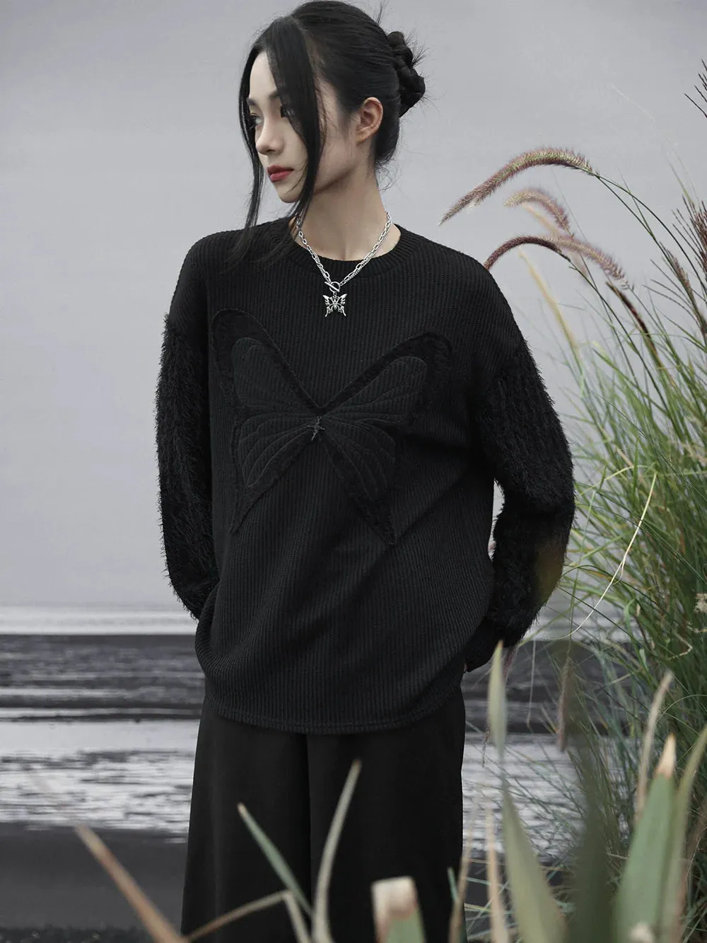 Knit Dark Butterfly Spliced Romantic Loose