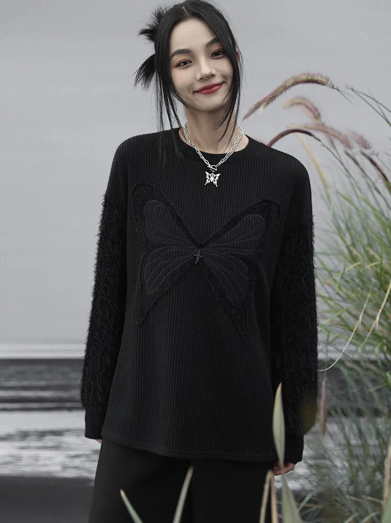 Knit Dark Butterfly Spliced Romantic Loose