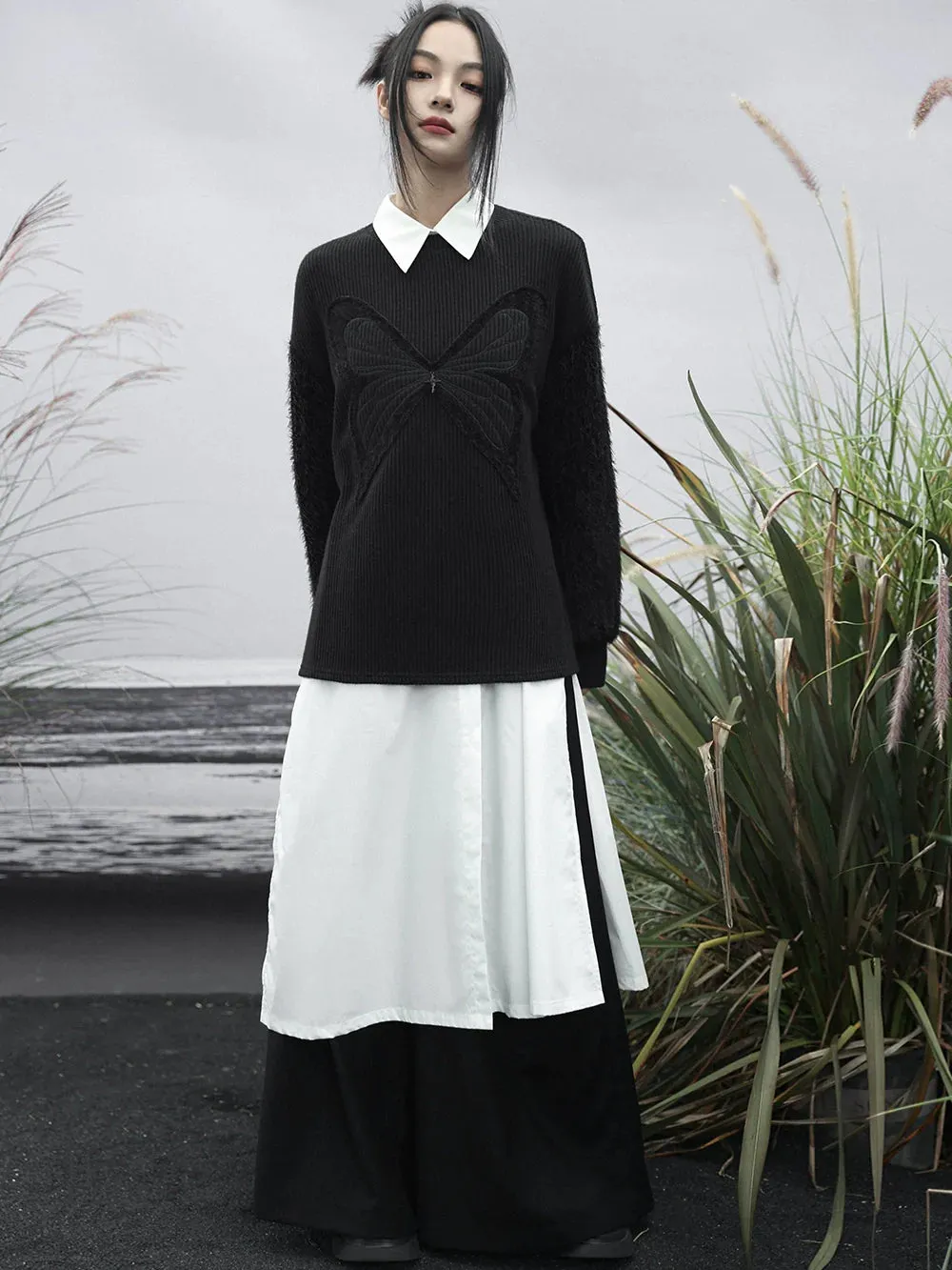 Knit Dark Butterfly Spliced Romantic Loose
