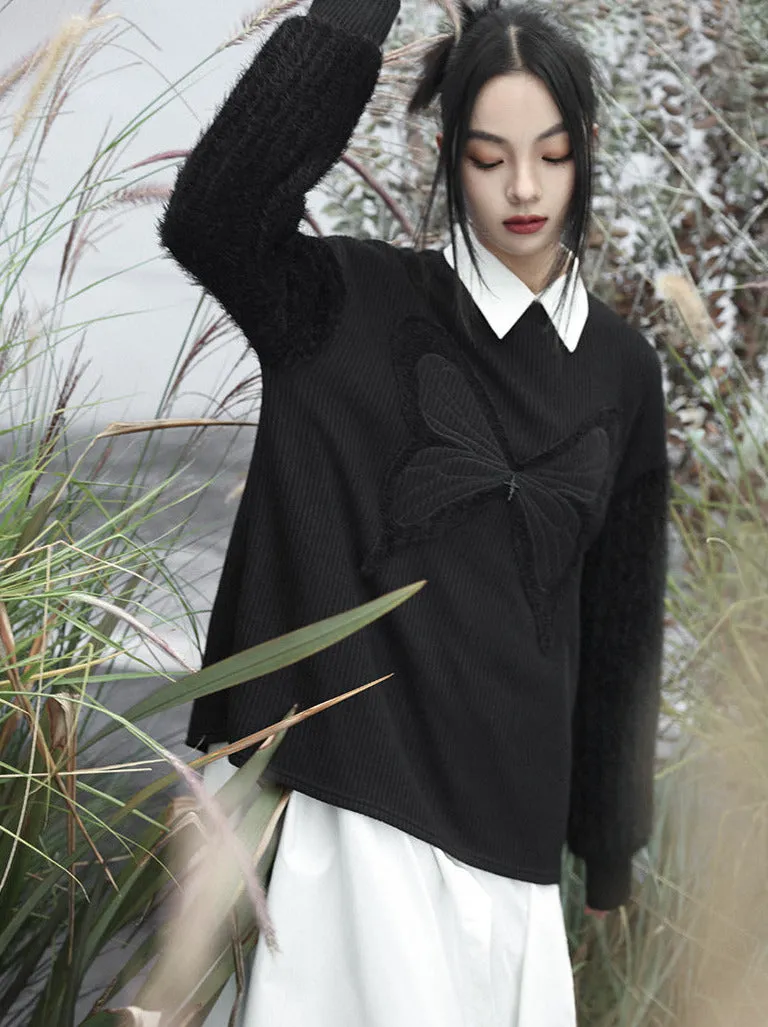 Knit Dark Butterfly Spliced Romantic Loose