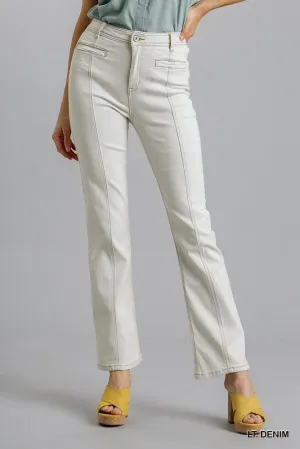 Light Blue Denim Panel Straight Cut Denim Jeans With Pockets