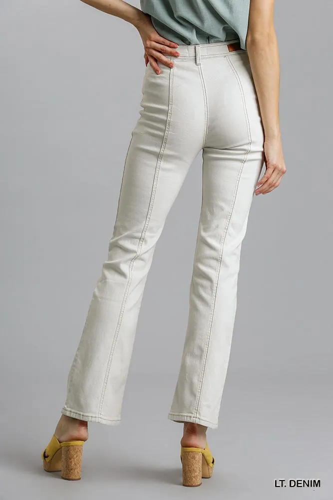 Light Blue Denim Panel Straight Cut Denim Jeans With Pockets