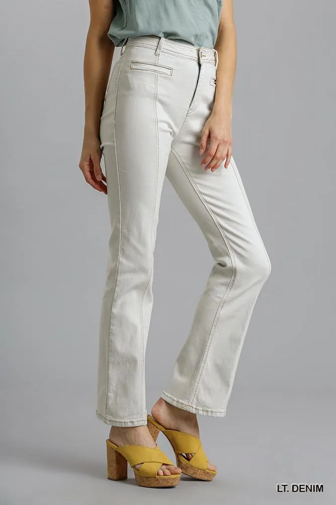 Light Blue Denim Panel Straight Cut Denim Jeans With Pockets