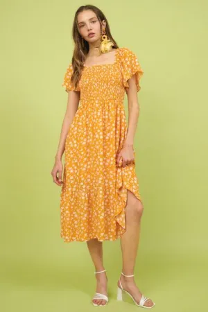 Mittoshop Flower Print Flutter Sleeve Smocked Midi Dress