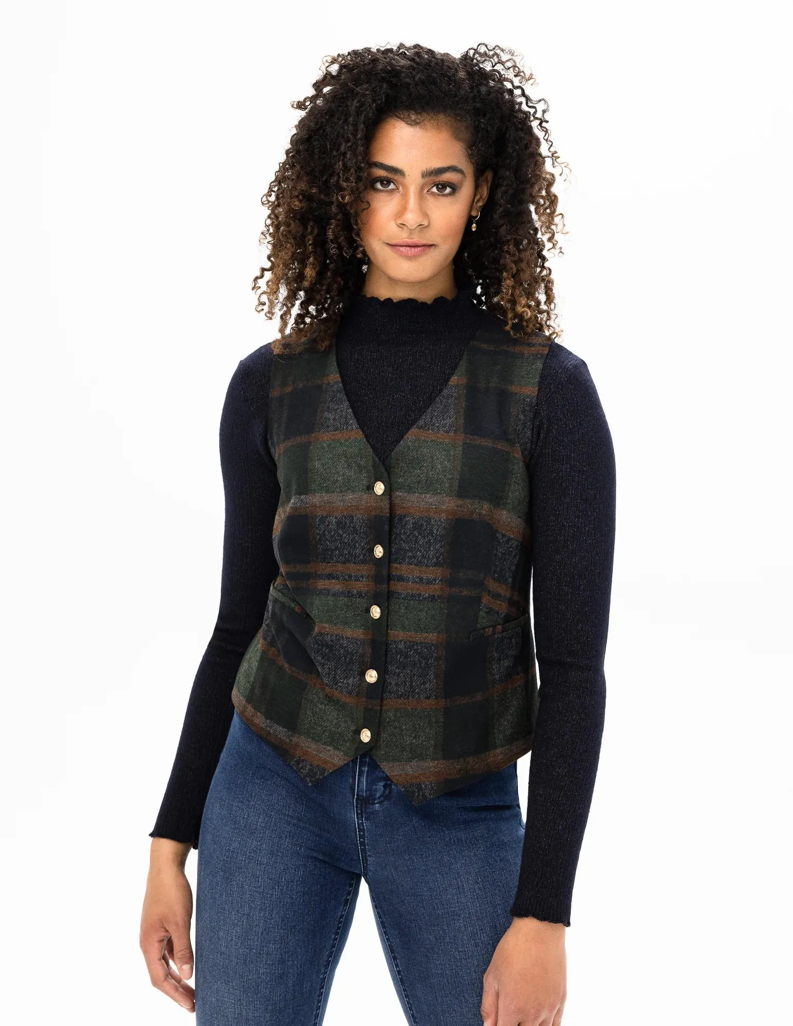 REN3838 Short Plaid Vest W/Button Detail