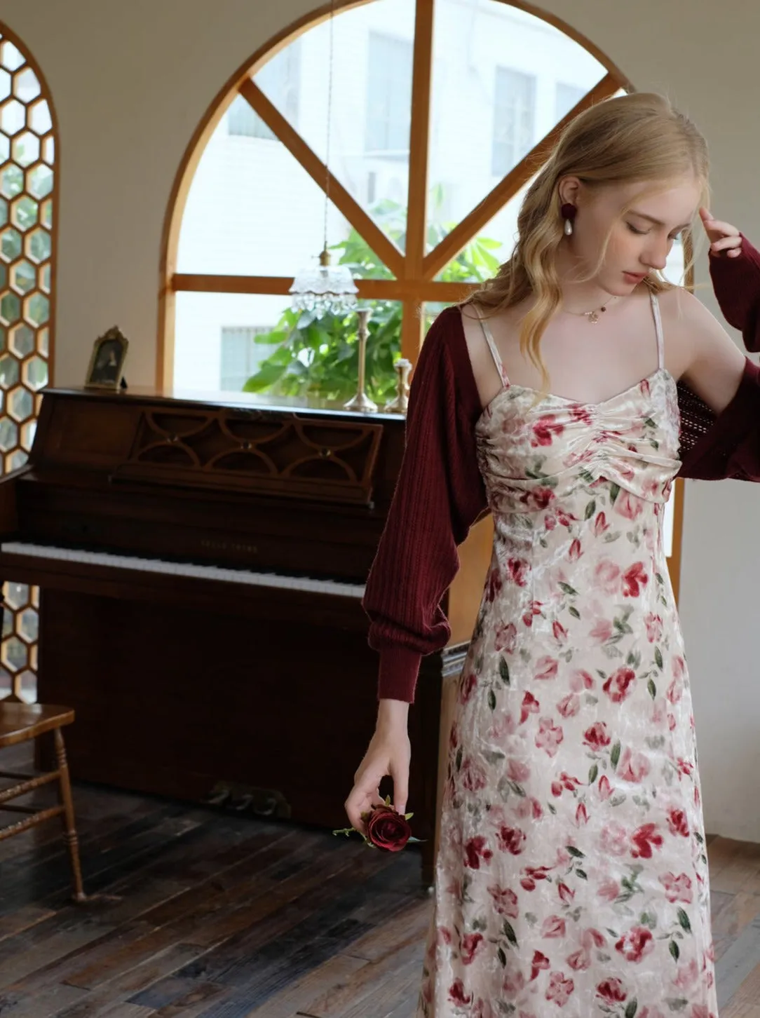 Retro Dress Flower Suspender Cherry Red