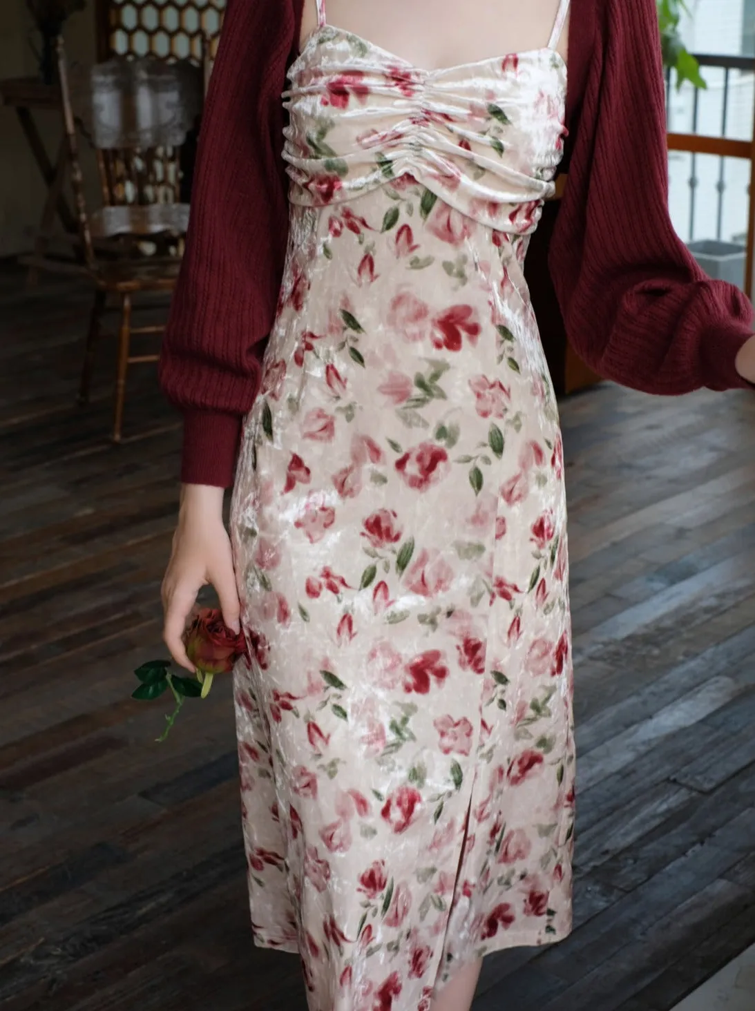 Retro Dress Flower Suspender Cherry Red
