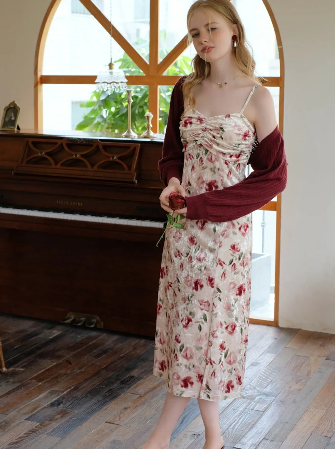 Retro Dress Flower Suspender Cherry Red