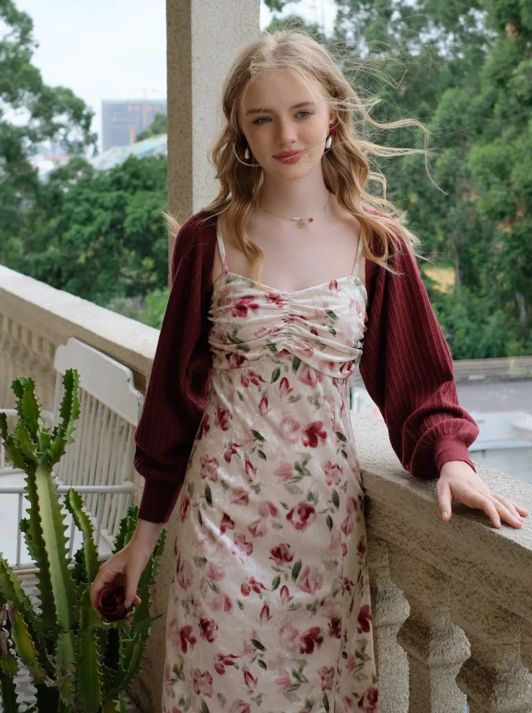 Retro Dress Flower Suspender Cherry Red