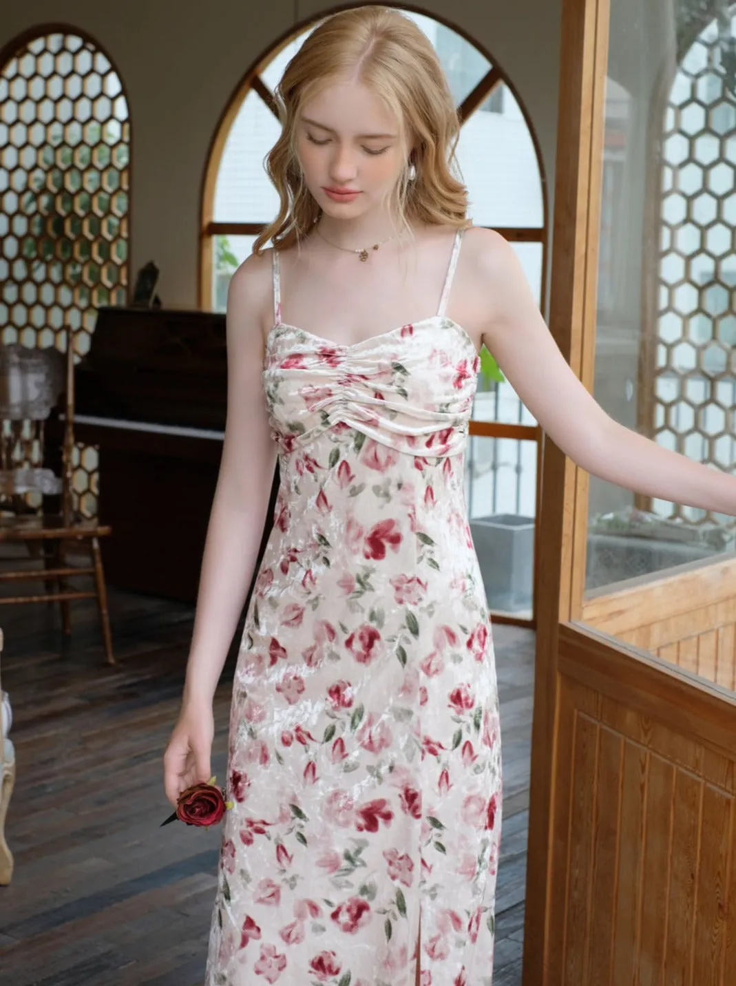 Retro Dress Flower Suspender Cherry Red