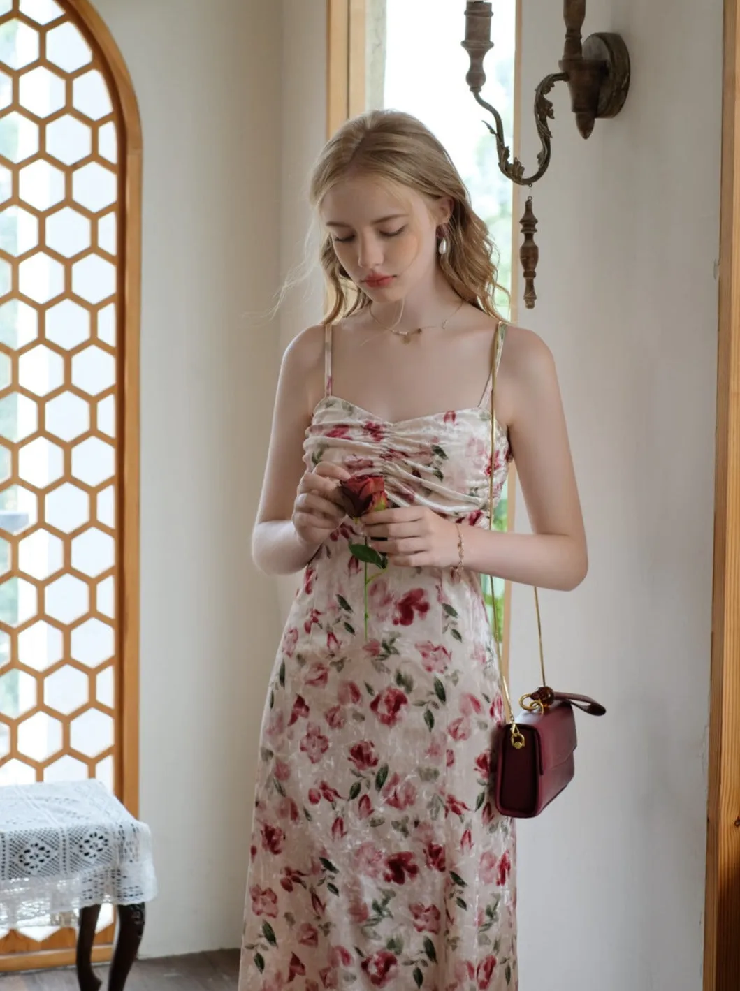 Retro Dress Flower Suspender Cherry Red