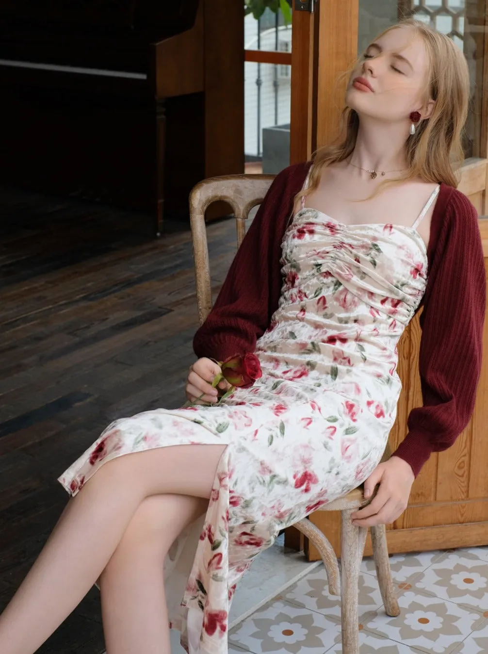 Retro Dress Flower Suspender Cherry Red