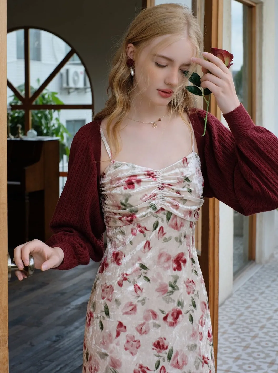 Retro Dress Flower Suspender Cherry Red