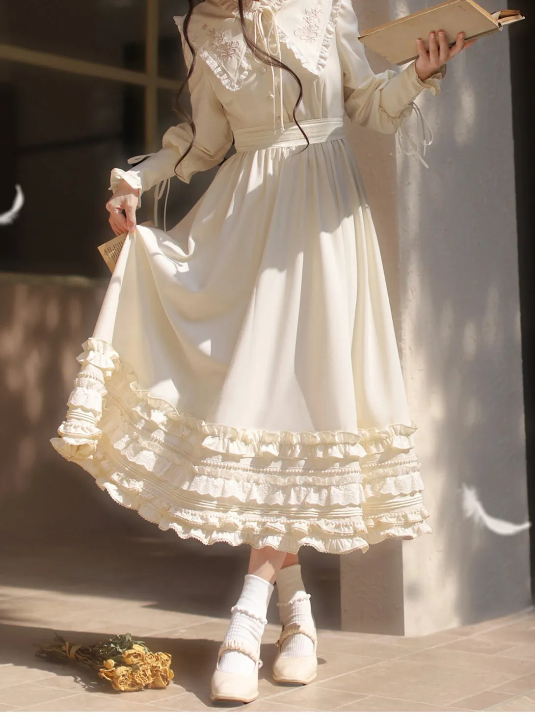 Ribbon Vintage French Waist Dress Embroidery Romantic