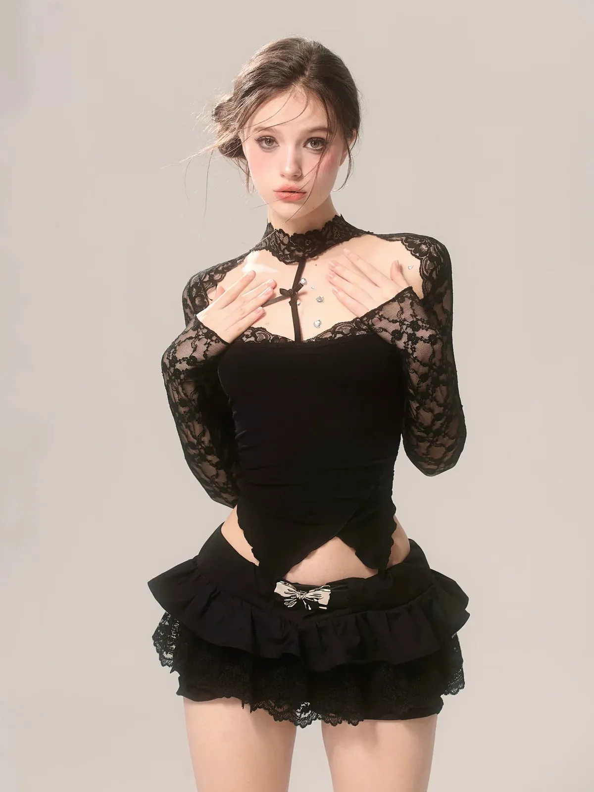 Romantic Design Bow Lace Black Skirt Shorts