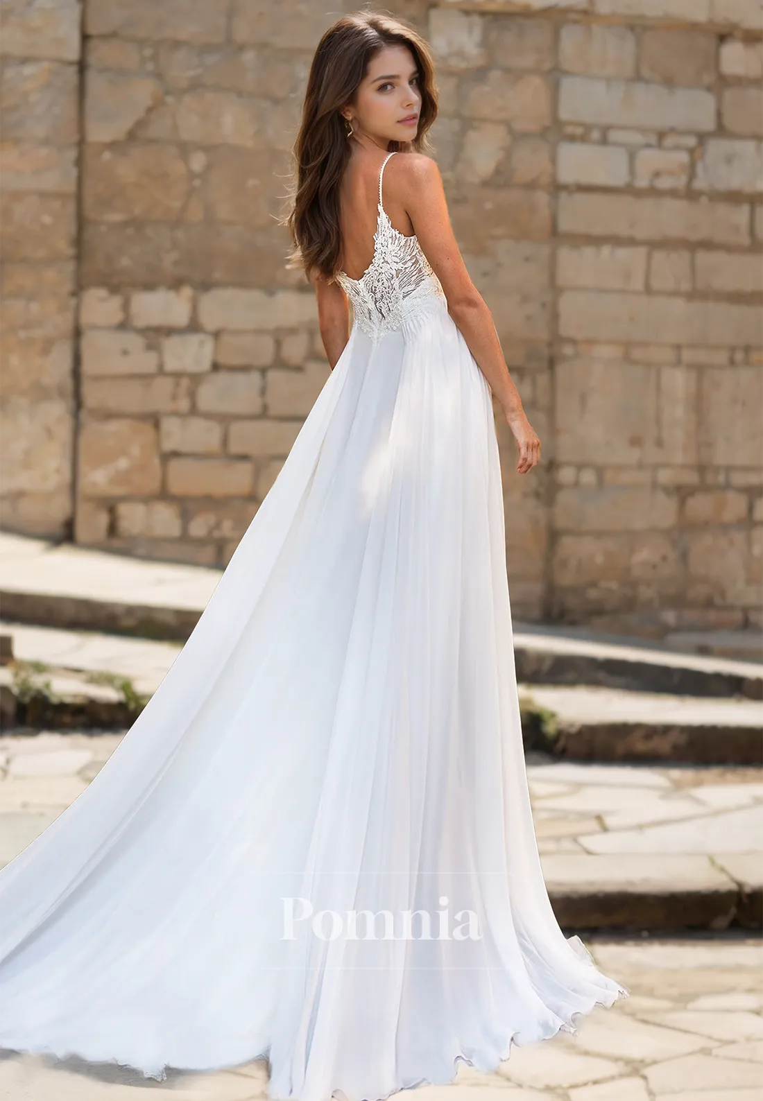 Spaghetti Straps V-Neck Empire-Waist Slit Romantic Wedding Dress